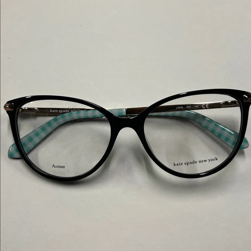 KATE SPADE NWOT Modern Cat Eye 54-16-140 Mint/WHT Gingham Gold Accent Frame
